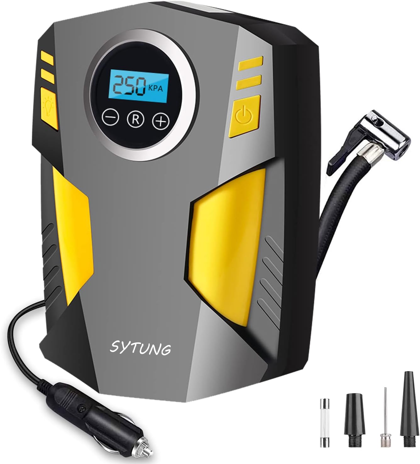 SYTUNG Digital Tyre Inflator, Portable Air Compressor Car Tyre Pump with 3 Nozzle Adaptors and Digital LED Light, 12V Rapid Tyre Inflator Air Compressor for...